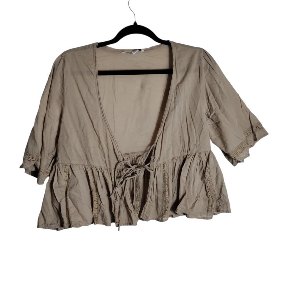 American Eagle Taupe Brown Cotton Tie Front Peplum Lace Trim Top Womens Medium